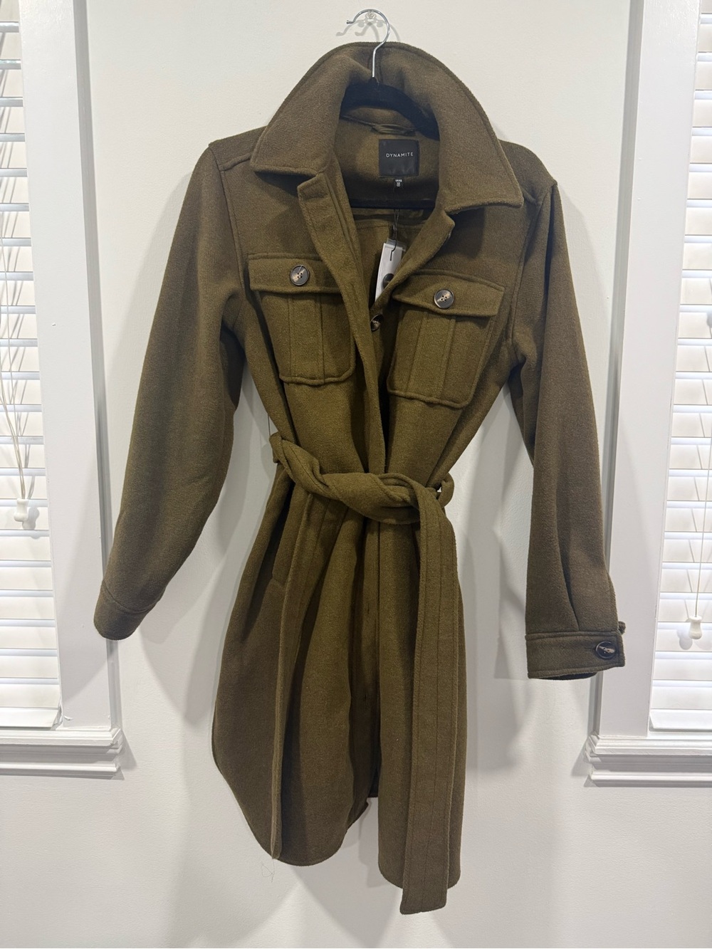 Stylish Olive Green Belted Wool-Blend Coat